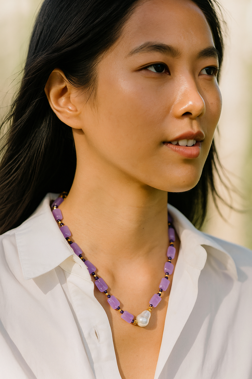 Κολιέ Melia Andesite Αχάτης Shell 40cm Lavender Necklace_remix_01k95ed5h3f5zvtg5ext0jrwc9 Γυναίκα φοράει το κολιέ αχάτης shell Melia Andesite (40cm), τονίζοντας το κοντό και elegant μήκος του.