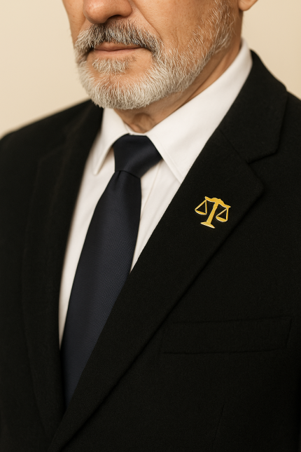 Χρυσό custom pin (ασήμι 925) με τη Ζυγαριά της Δικαιοσύνης, φορεμένο στο πέτο σκούρου σακακιού. Αναδεικνύεται το επαγγελματικό και κομψό στυλ του χειροποίητου κοσμήματος.