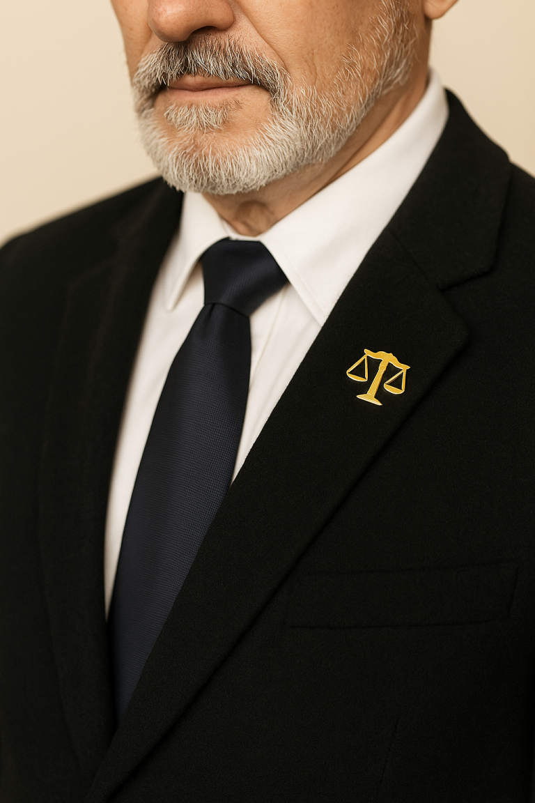 Χρυσό custom pin (ασήμι 925) με τη Ζυγαριά της Δικαιοσύνης, φορεμένο στο πέτο σκούρου σακακιού. Αναδεικνύεται το επαγγελματικό και κομψό στυλ του χειροποίητου κοσμήματος.