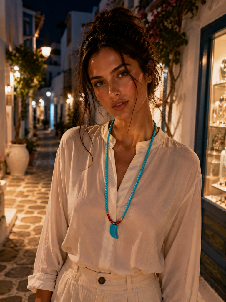 Το χειροποίητο κολιέ Polyaigos Night Vibes φορεμένο σε βραδινή editorial λήψη.