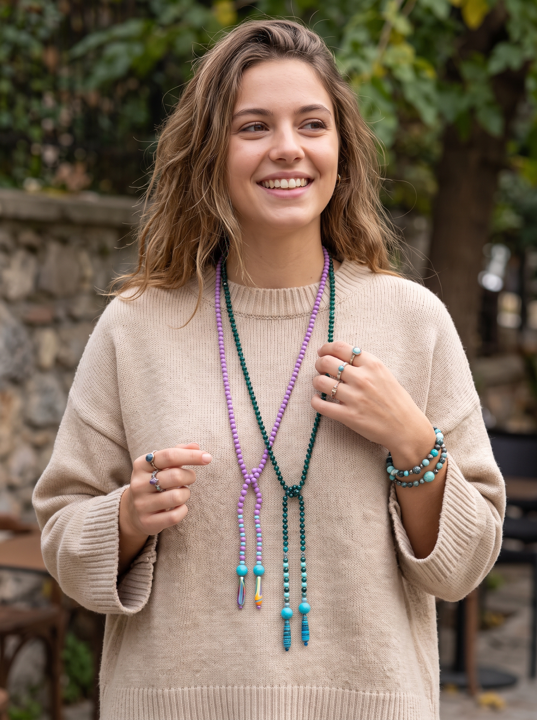 “Aura Knot” by Melia Χειροποίητο κολιέ Lariat 100εκ Aura Knot by Melia φορεμένο με πλεκτό σε bohemian chic στυλ Κολιέ Lariat 100εκ | “Aura Knot” by Melia